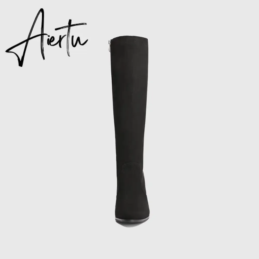 Women Chunky High Heeled Retro Side Zip Below Knees Boots