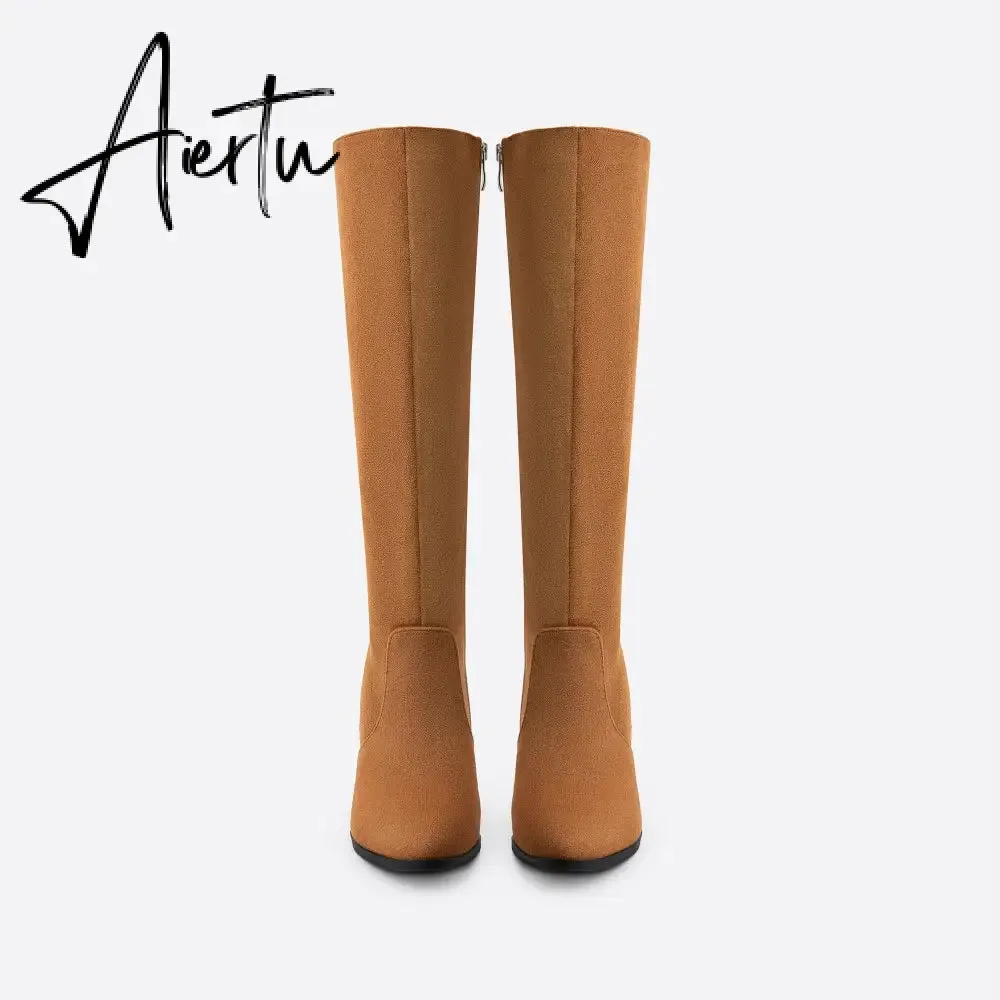 Women Chunky High Heeled Retro Side Zip Below Knees Boots