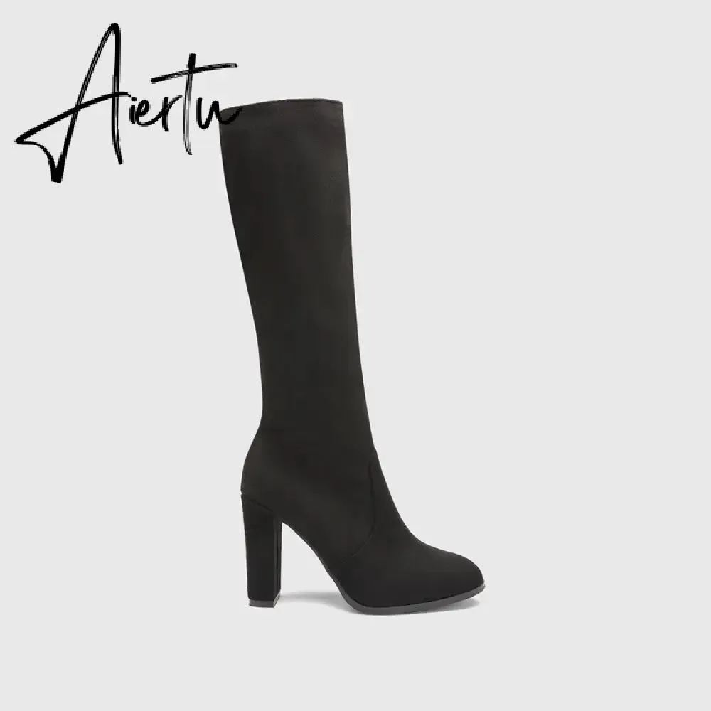 Women Chunky High Heeled Retro Side Zip Below Knees Boots