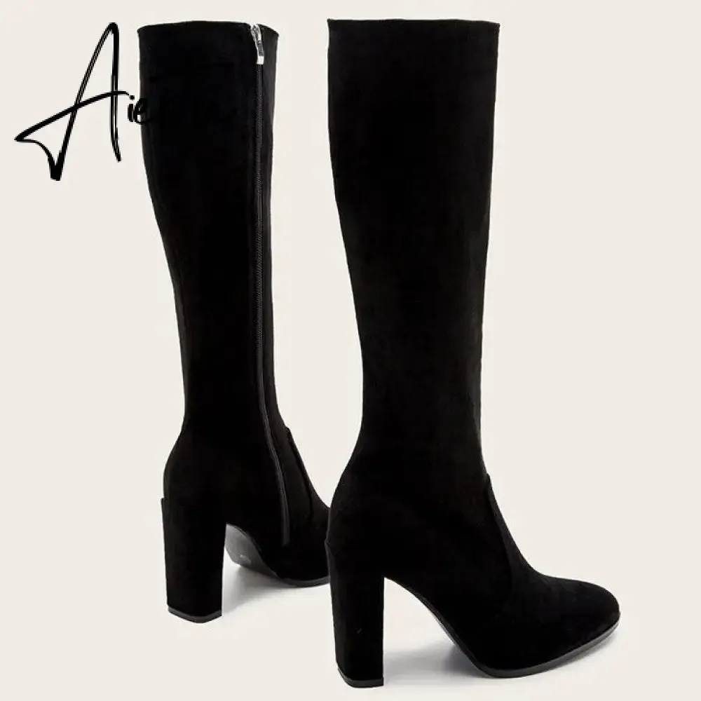 Women Chunky High Heeled Retro Side Zip Below Knees Boots