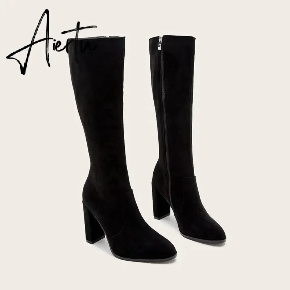 Women Chunky High Heeled Retro Side Zip Below Knees Boots