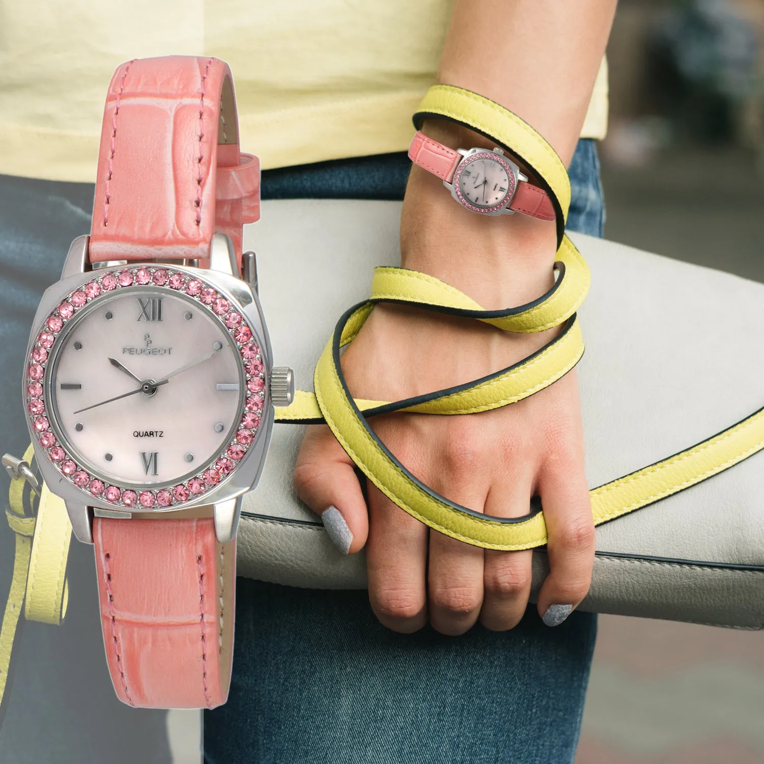 Women's 28mm Pink Watch with Crystal Bezel Leather Strap