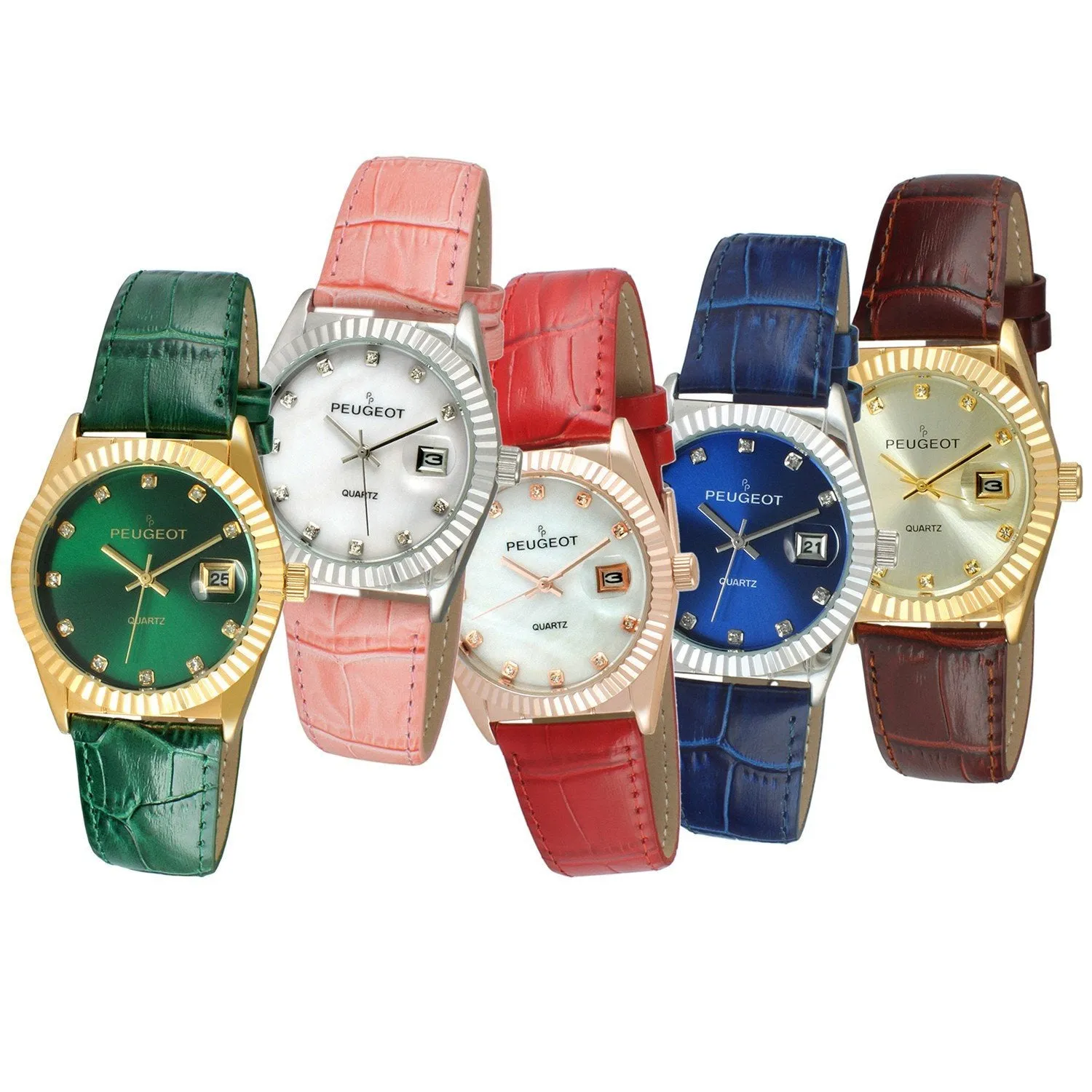 Women's  Green 36mm Fluted Bezel Watch with Leather Strap