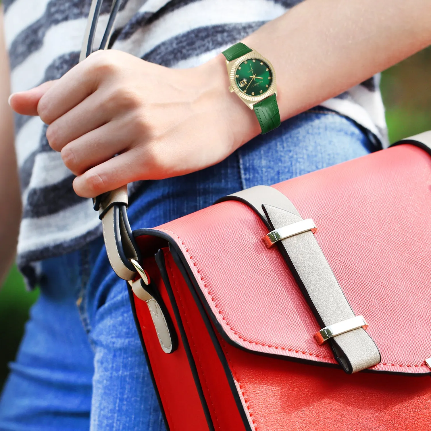 Women's  Green 36mm Fluted Bezel Watch with Leather Strap