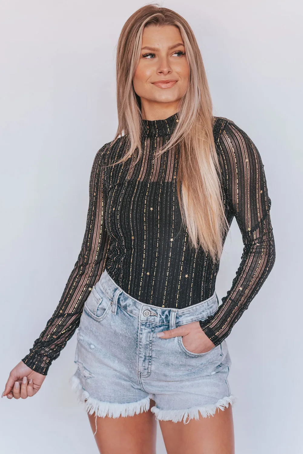 Women's Star Mesh Mock Neck Long Sleeve Bodysuit