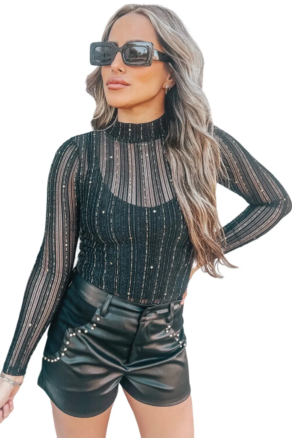 Women's Star Mesh Mock Neck Long Sleeve Bodysuit