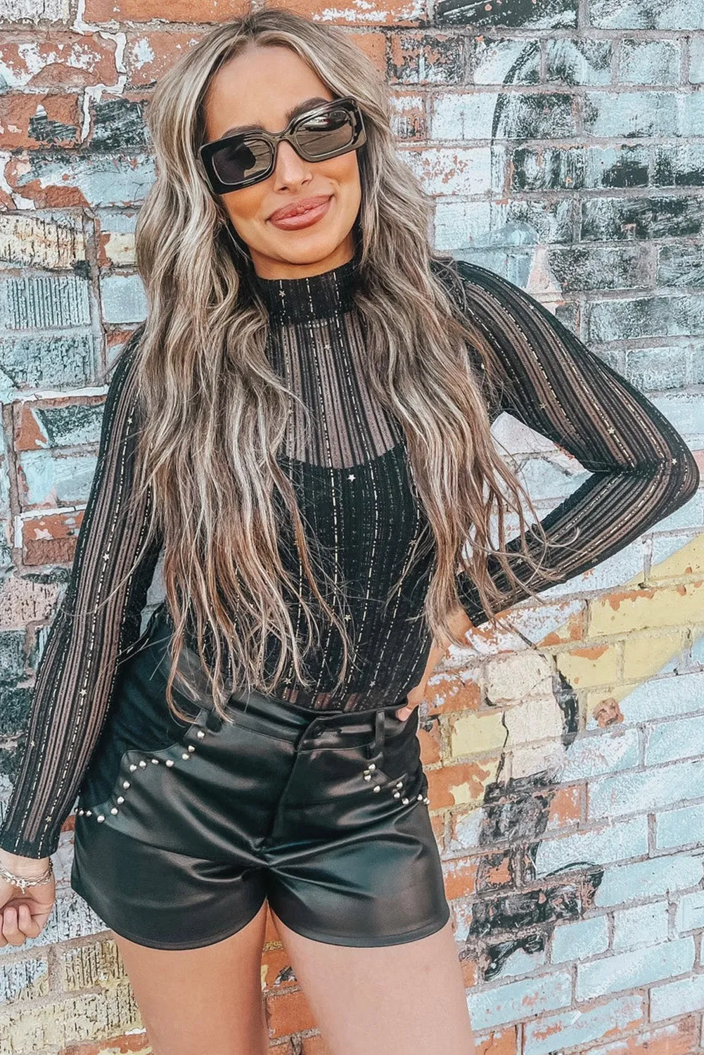 Women's Star Mesh Mock Neck Long Sleeve Bodysuit