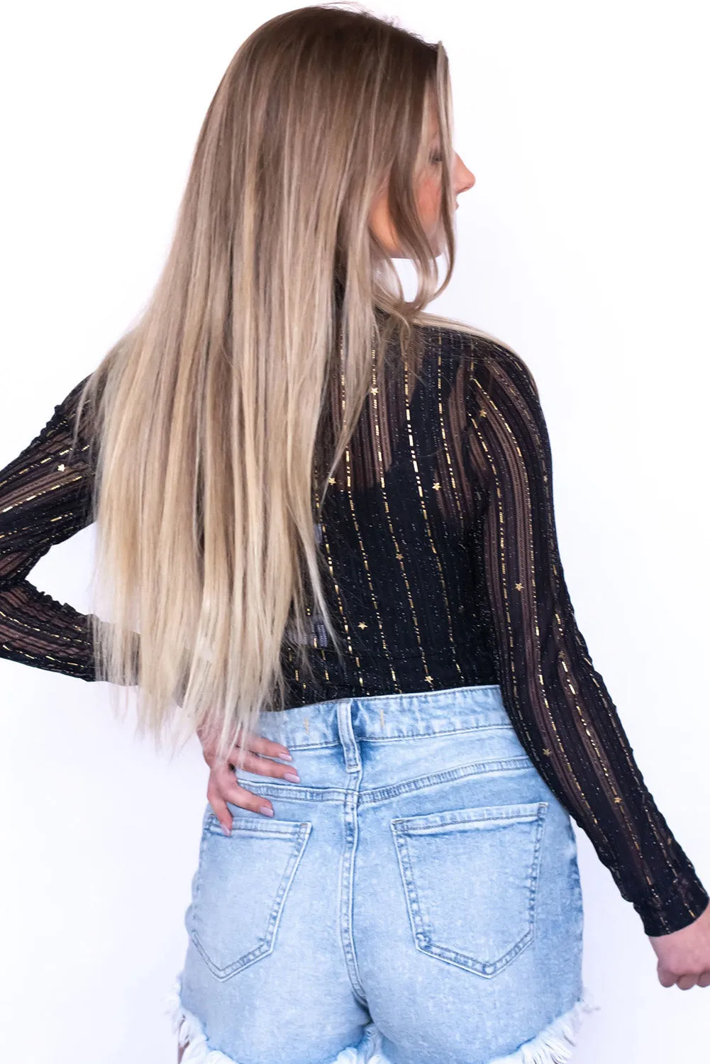 Women's Star Mesh Mock Neck Long Sleeve Bodysuit
