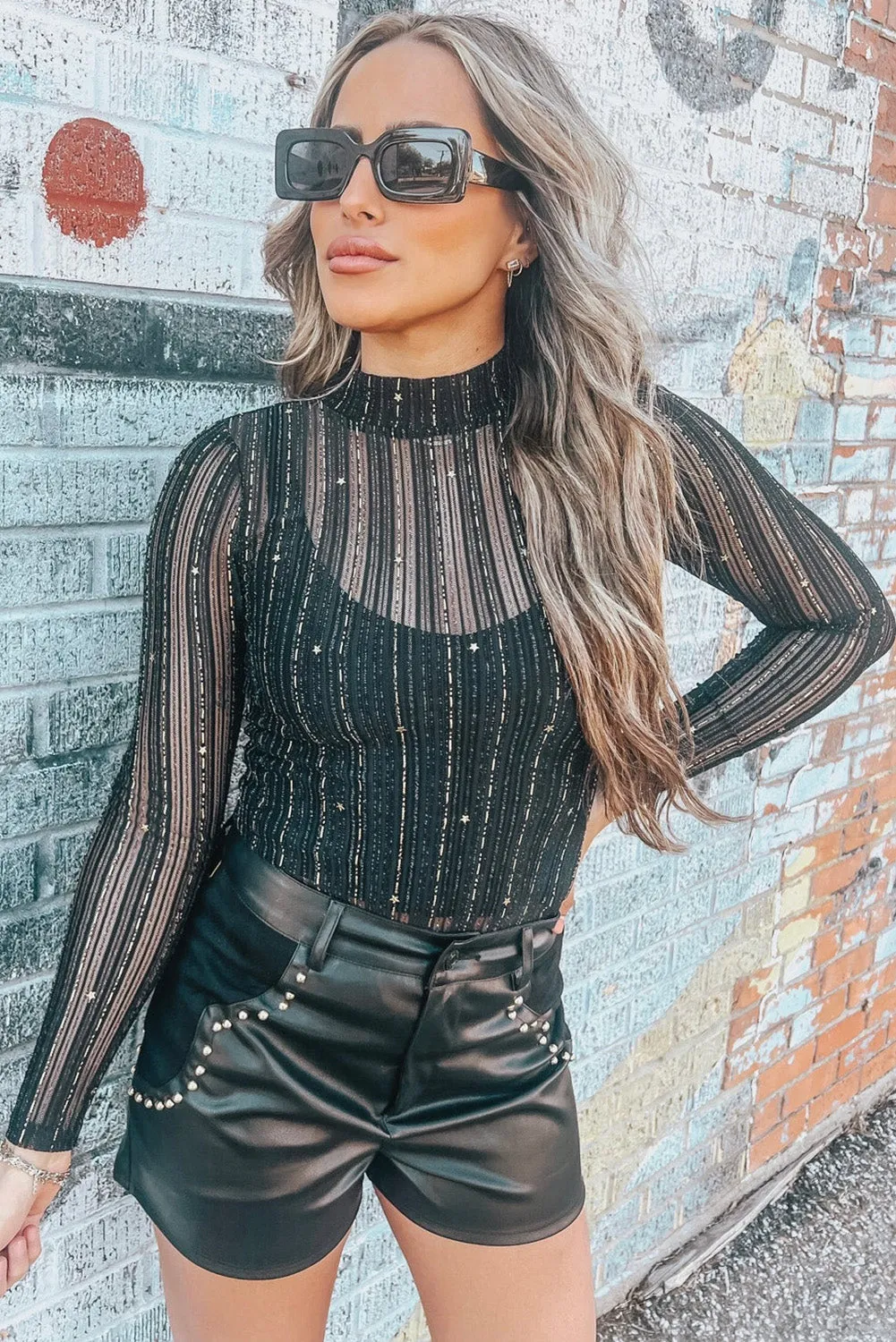 Women's Star Mesh Mock Neck Long Sleeve Bodysuit